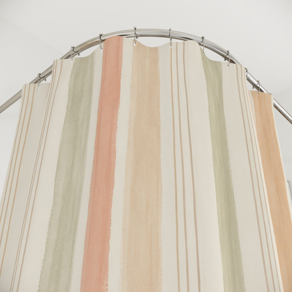 Peach Blush Soft Green Stripe Shower Curtain
