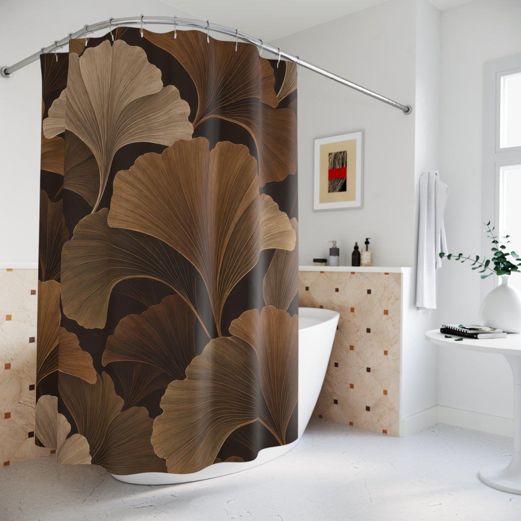 Brown and taupe ginkgo fans on an espresso background shower curtain beside a freestanding tub