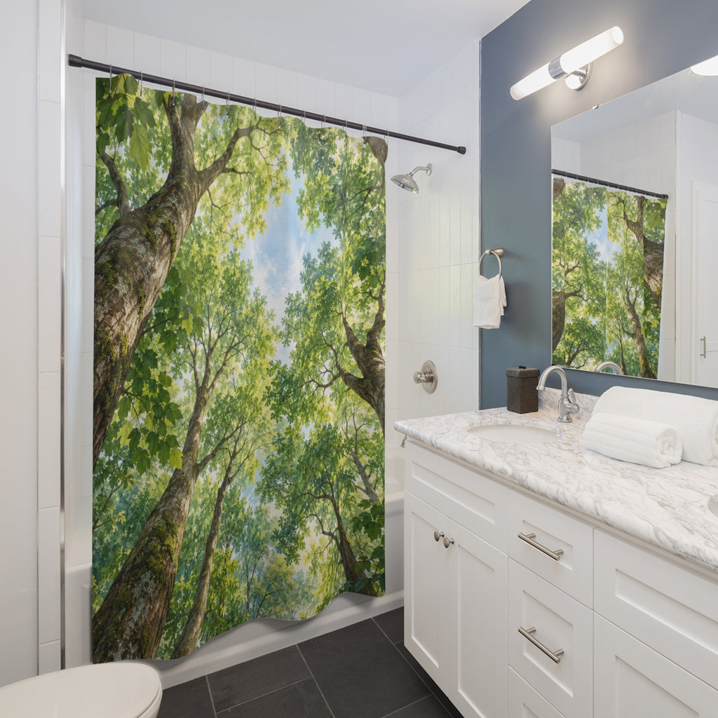 Green tree canopy around pale blue sky shower curtain beside a white vanity