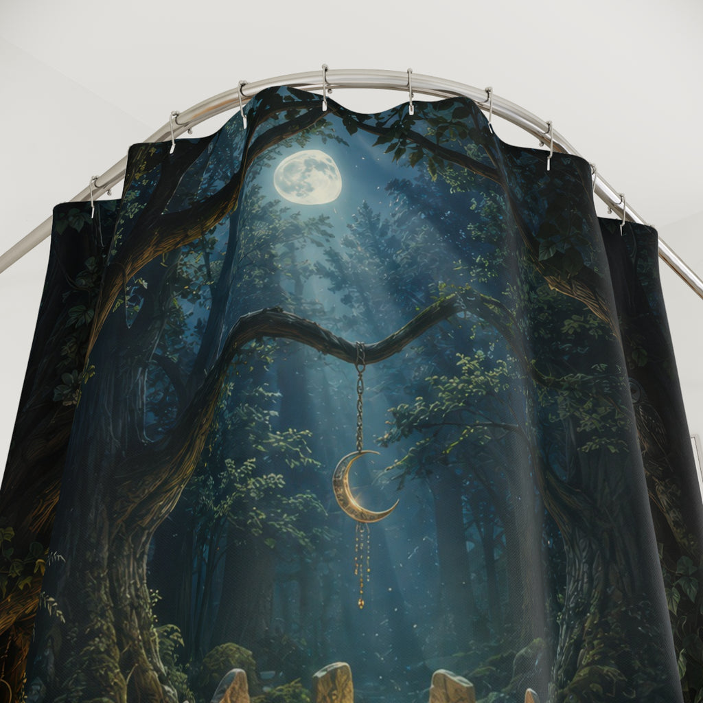Wiccan moonlit stone circle grove with owl and lanterns shower curtain with close-up print, hooks, and folds