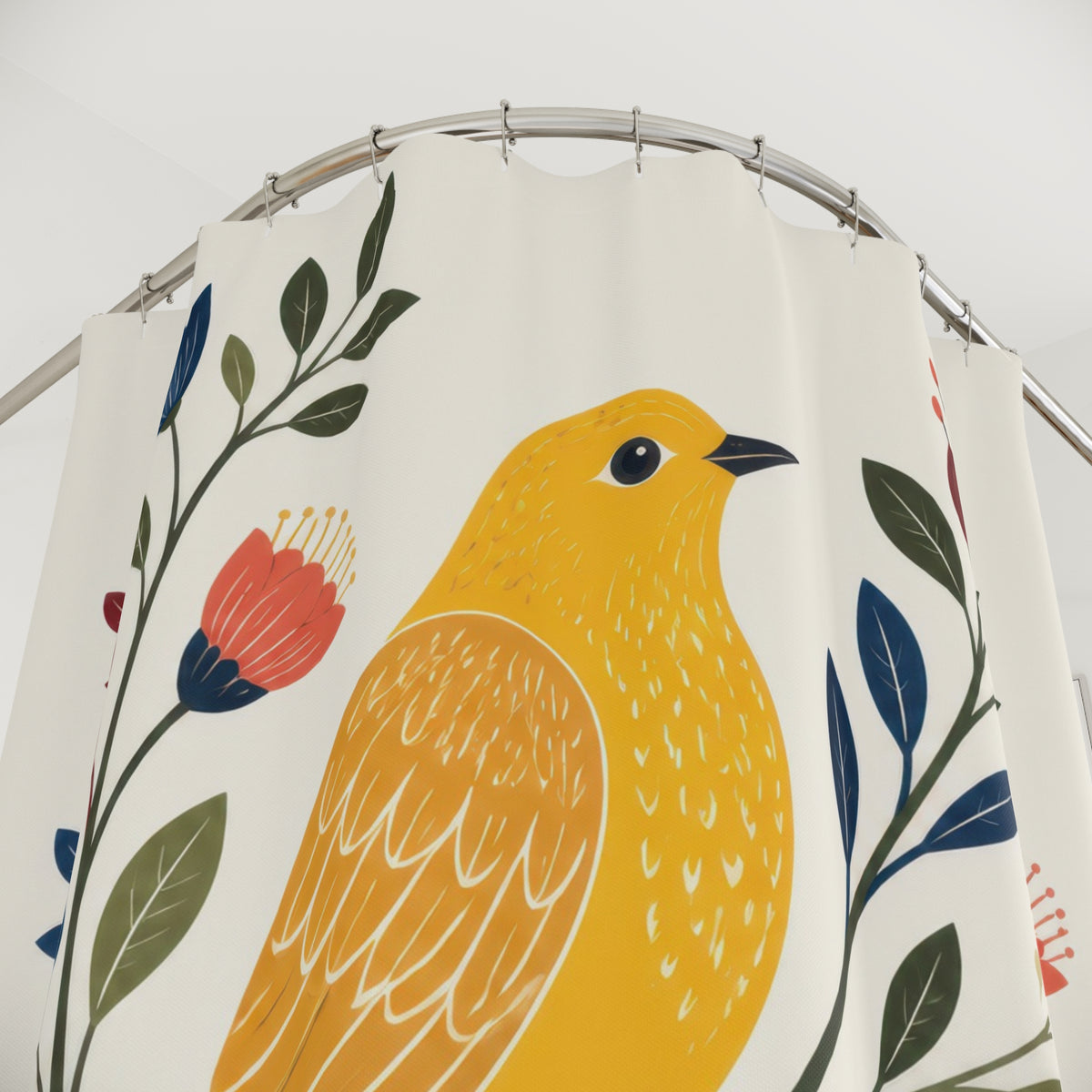 Golden yellow folk bird with colorful botanicals shower curtain with close-up print, hooks, and folds