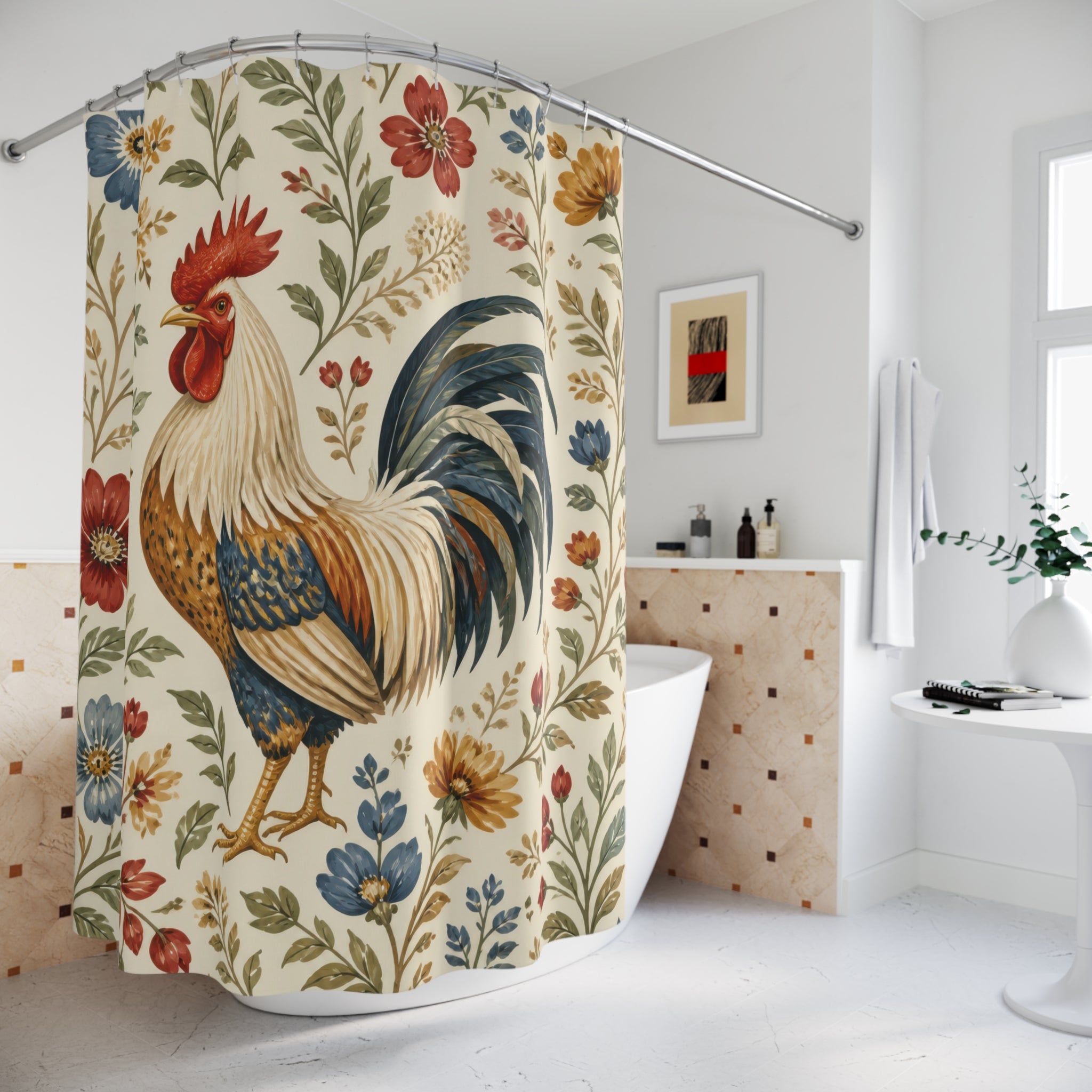 Folk Art Rooster Floral Shower Curtain