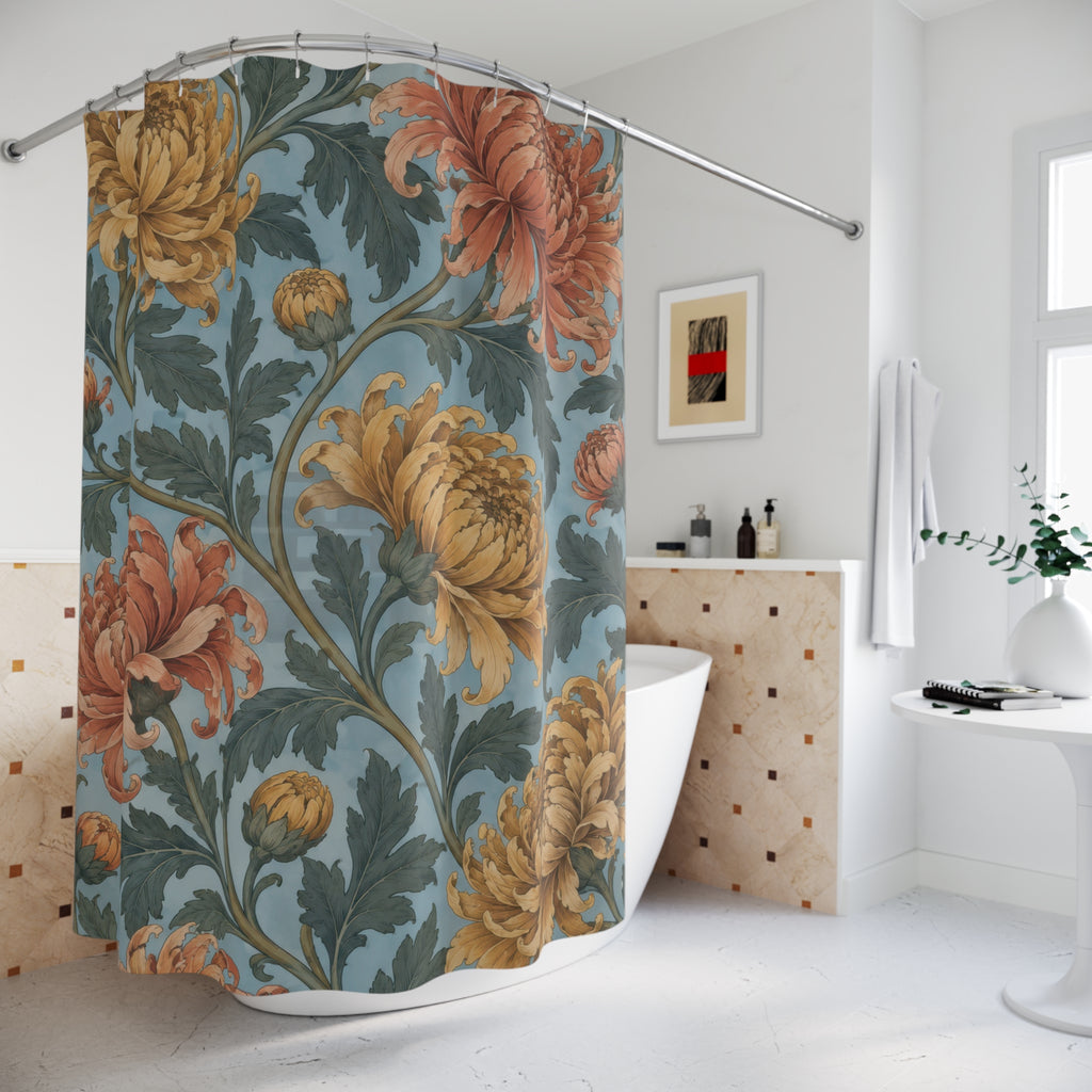Ochre and coral chrysanthemums on powder blue shower curtain beside a freestanding tub
