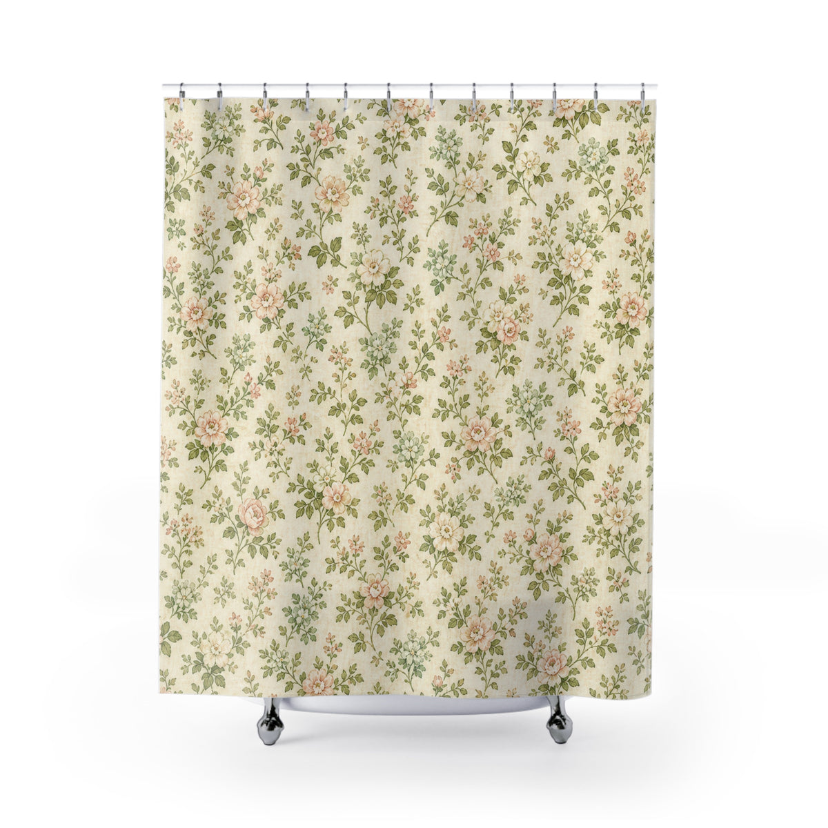 Vintage Chintz Garden Print green shower curtain with full front view