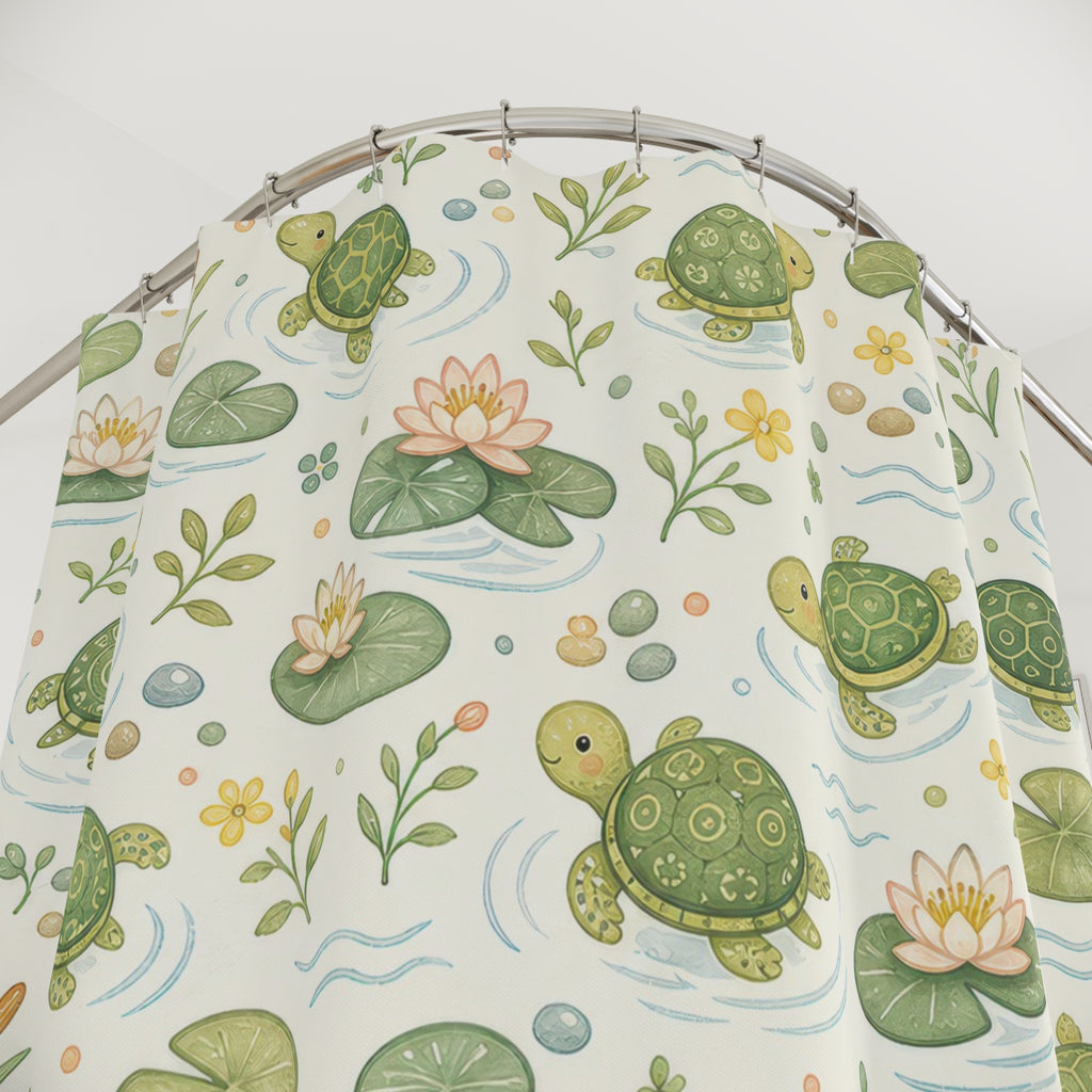 Turtle Shower Curtain, Cute Green Bath Decor, Pond Turtle Botanical Pattern, Nature Inspired Guest Bathroom Decor, Pond Garden Style