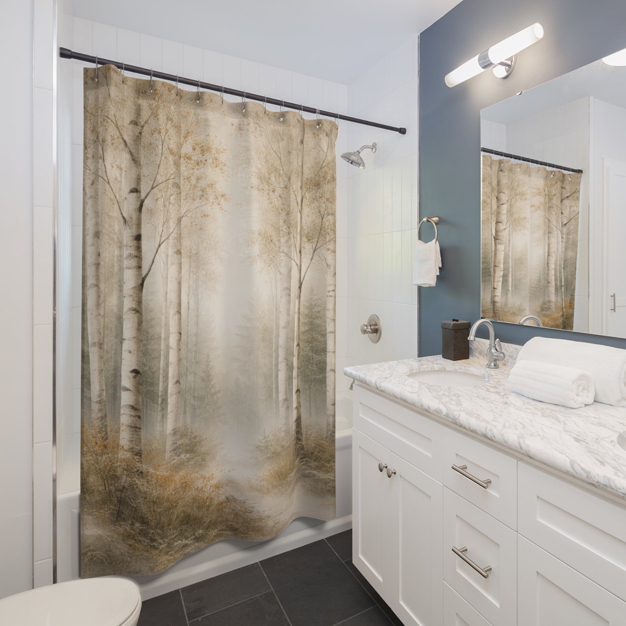 White Birch Forest Watercolor Shower Curtain