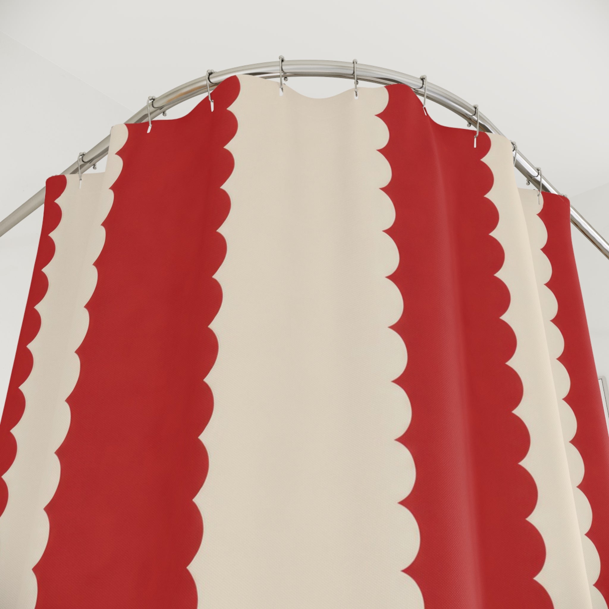 Red and White Scalloped Stripe Shower Curtain