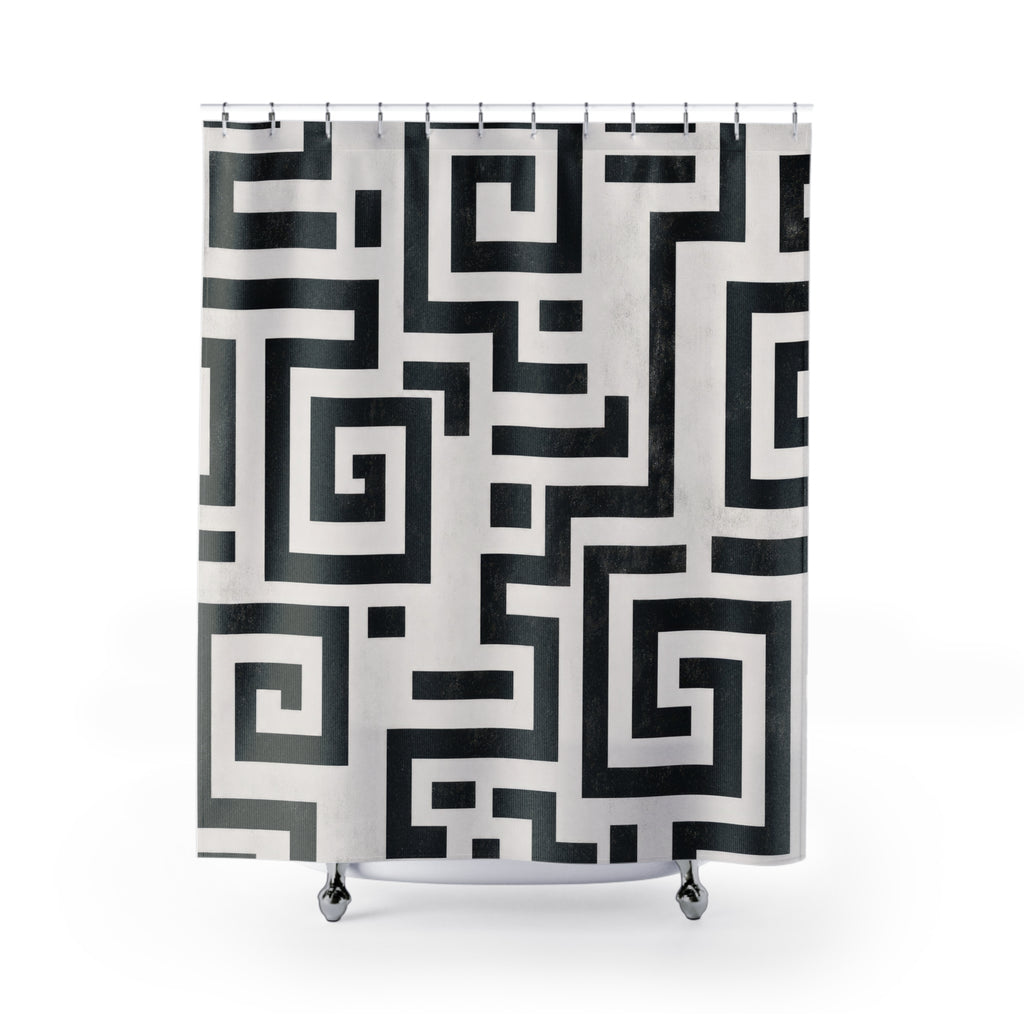 Black White Geometric Maze Shower Curtain