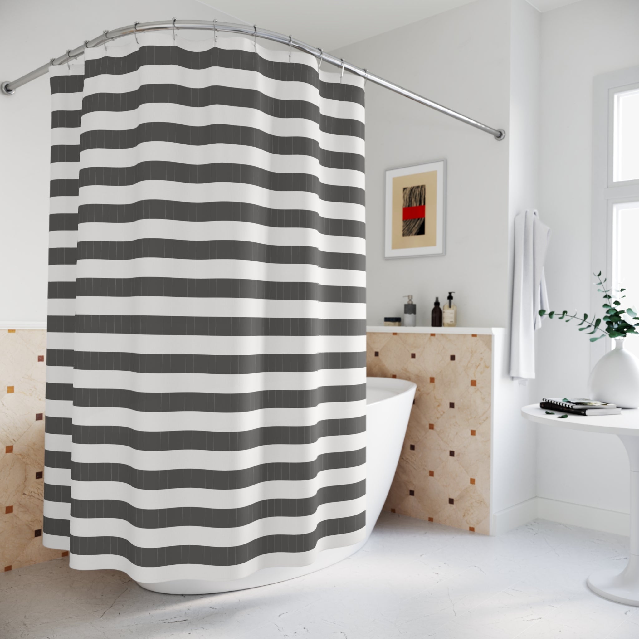 Grey and White Horizontal Stripe Shower Curtain