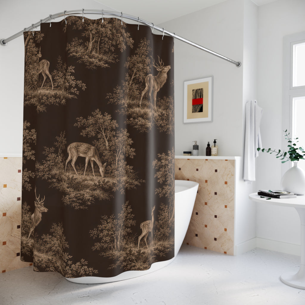 Beige deer and woodland trees on dark brown shower curtain beside a freestanding tub