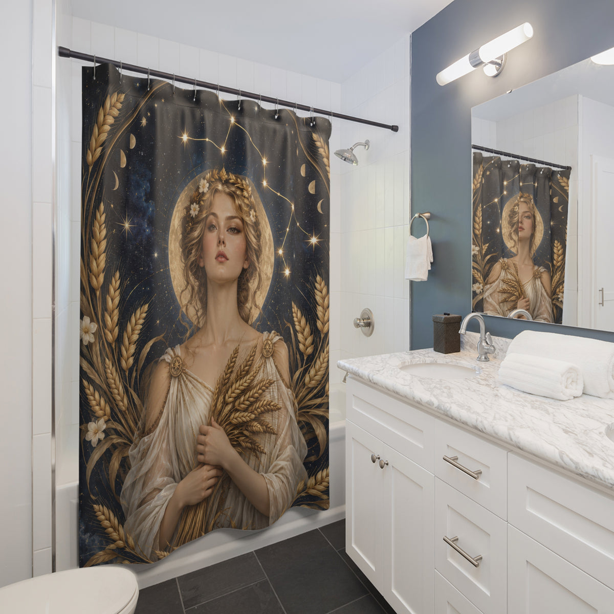 Virgo maiden with a golden wheat wreath shower curtain beside a white vanity