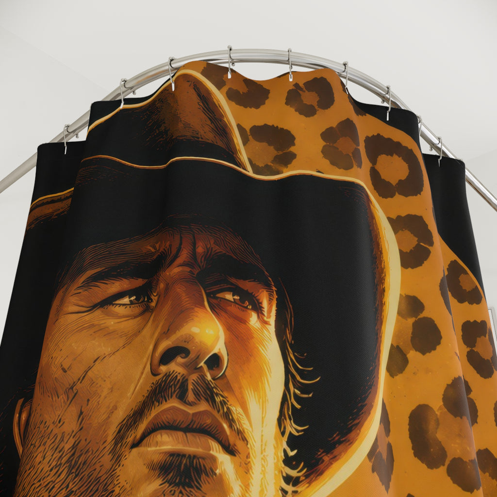Cowboy portrait layered with bold leopard print shower curtain with close-up print, hooks, and folds