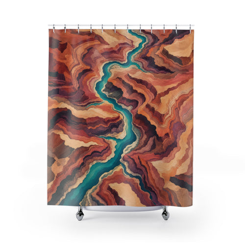 Aerial Canyon Topography shower curtain with full front view
