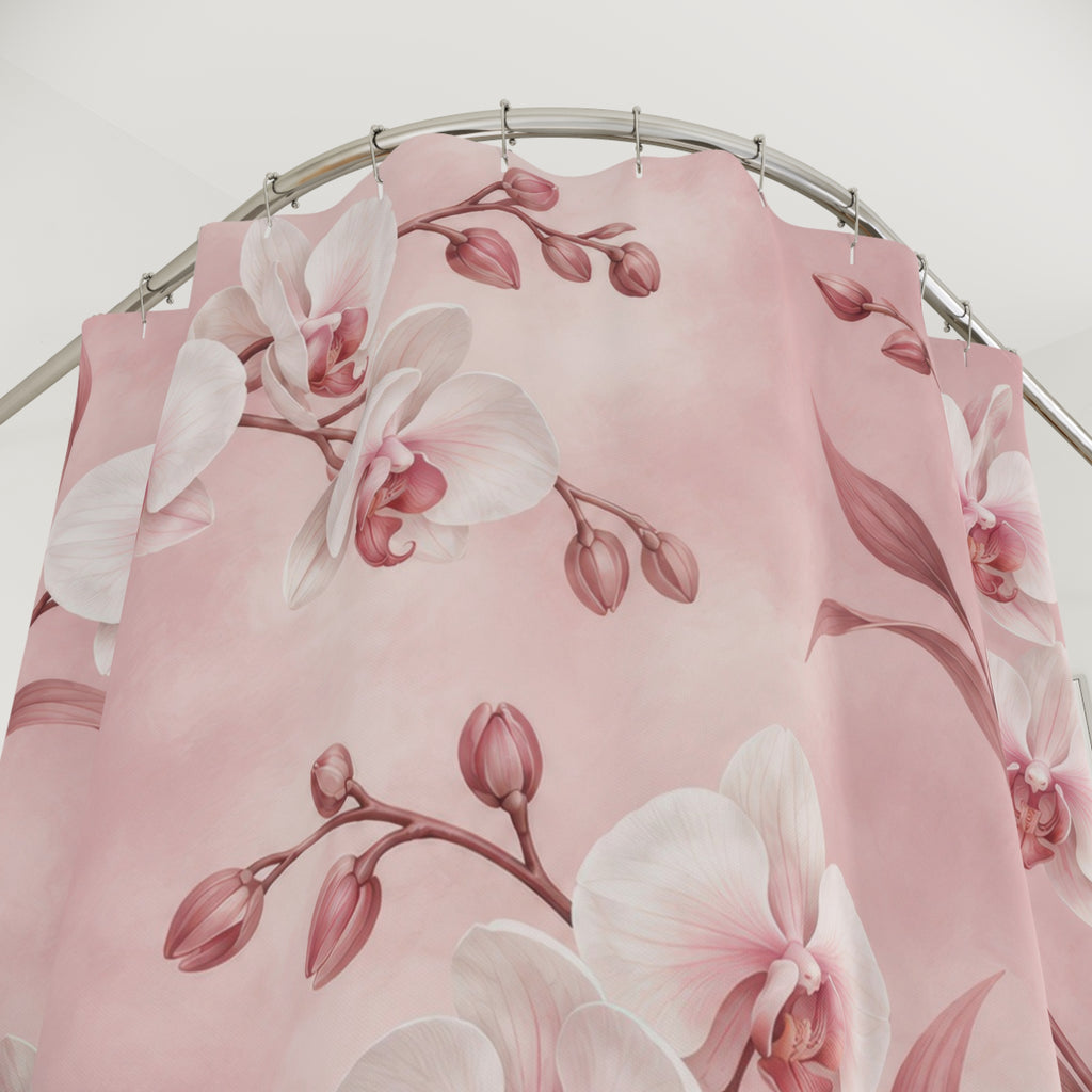 White orchids with rose stems on a blush ground shower curtain with close-up print, hooks, and folds
