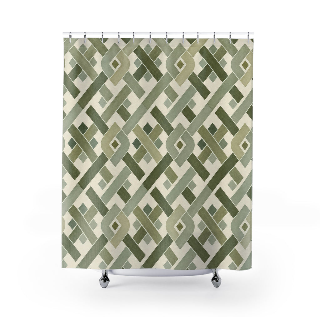 Green Geometric Shower Curtain, Olive Sage Lattice Pattern, Woven Tile Bath Decor, Modern Traditional Guest Bathroom Accent, Tailored Green