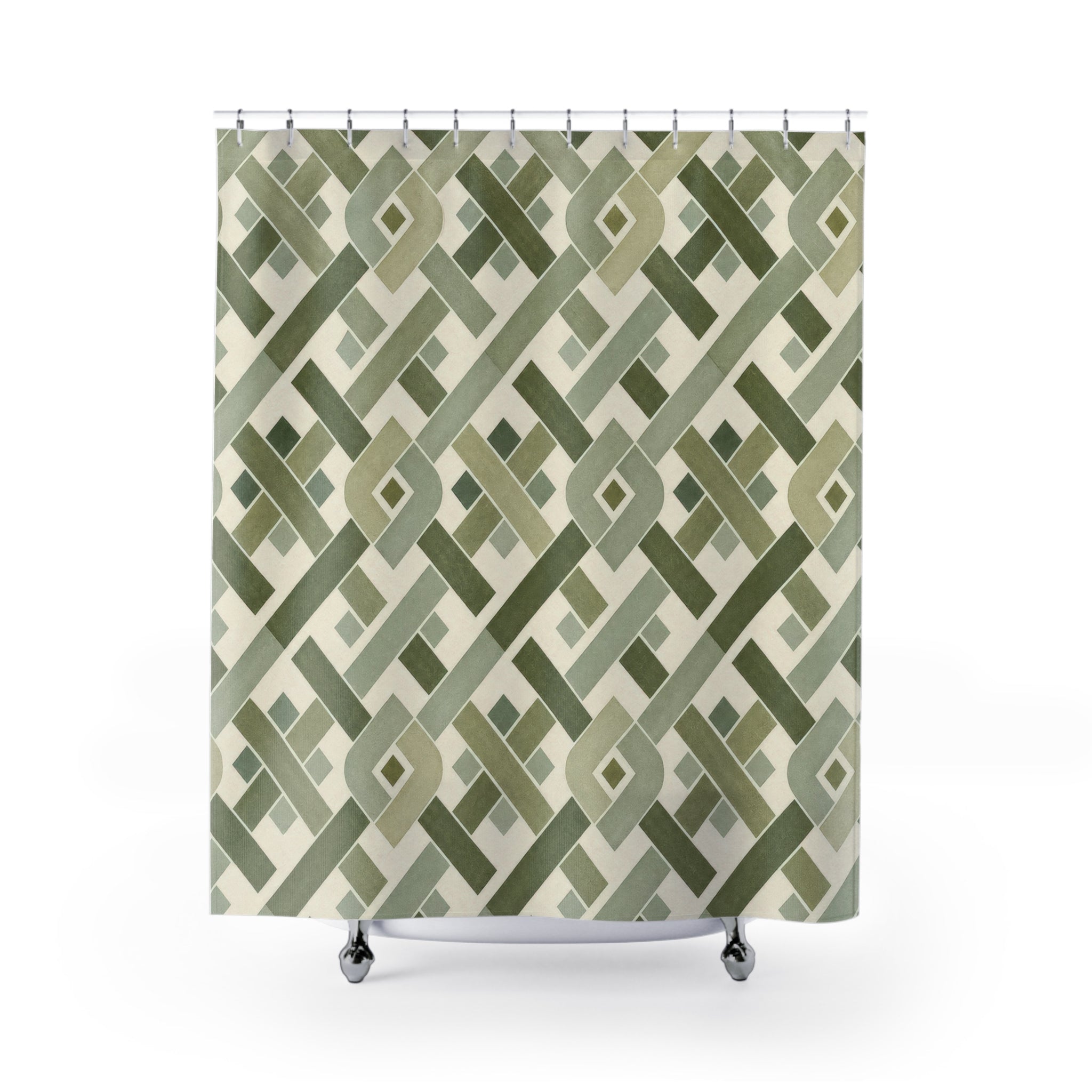 Green Geometric Shower Curtain, Olive Sage Lattice Pattern, Woven Tile Bath Decor, Modern Traditional Guest Bathroom Accent, Tailored Green