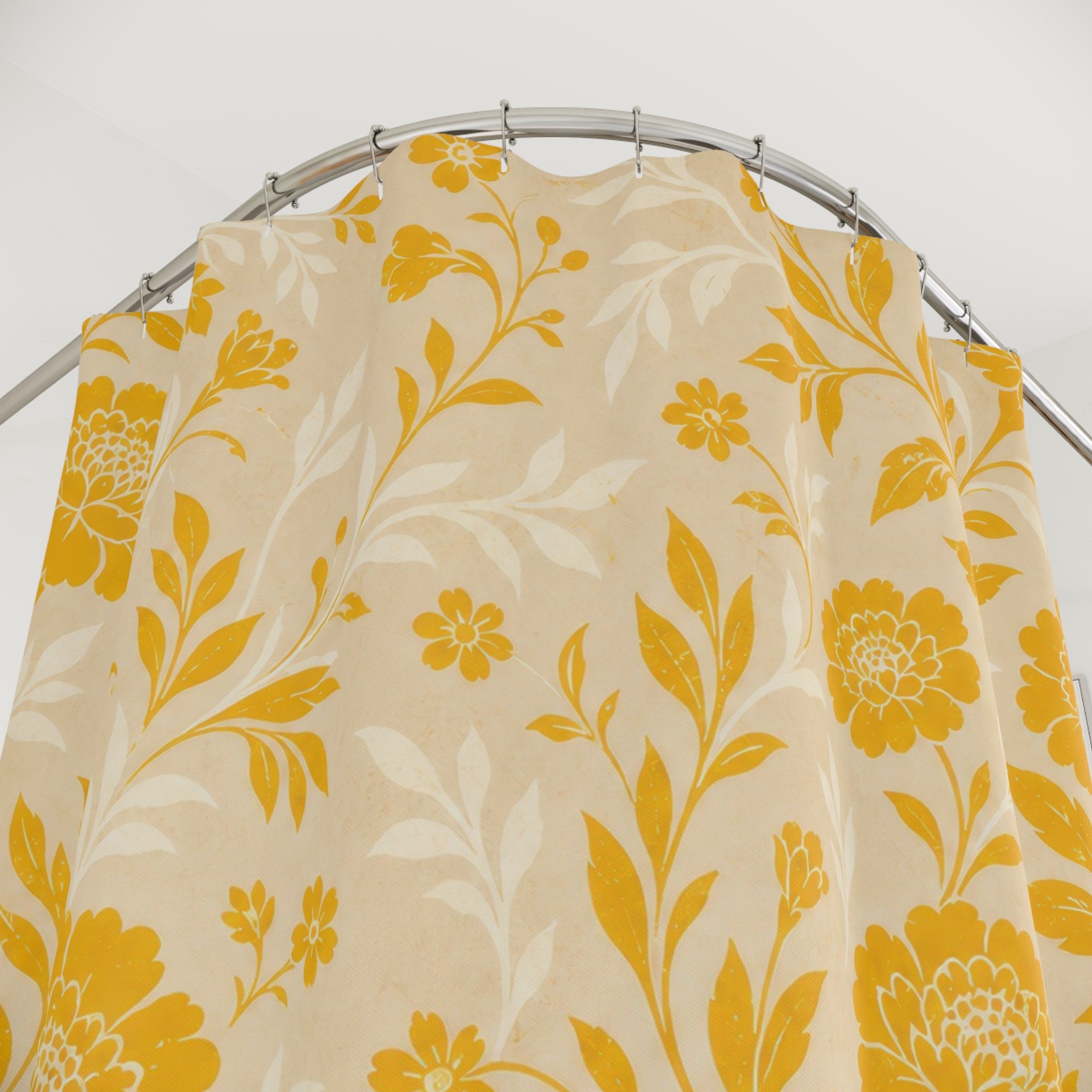 Beige Marigold Botanical Yellow Floral Shower Curtain