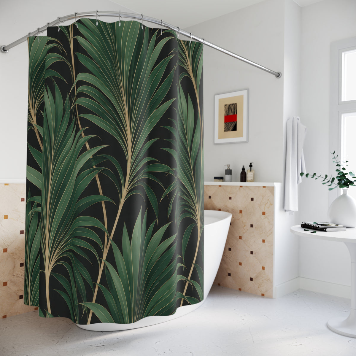 Jade palm fans with fine gold-tone lines on black shower curtain beside a freestanding tub
