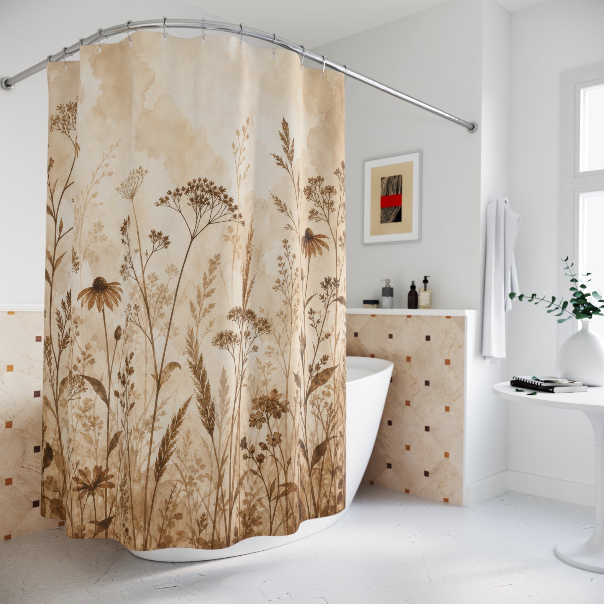 Sepia Meadow Botanical Shower Curtain
