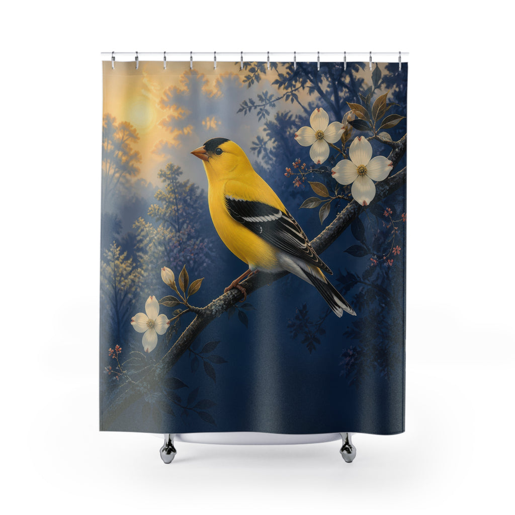 Golden yellow songbird on an indigo branch shower curtain with full front view