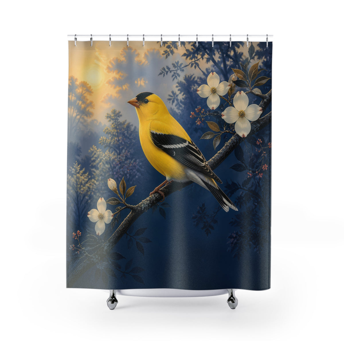 Golden yellow songbird on an indigo branch shower curtain with full front view