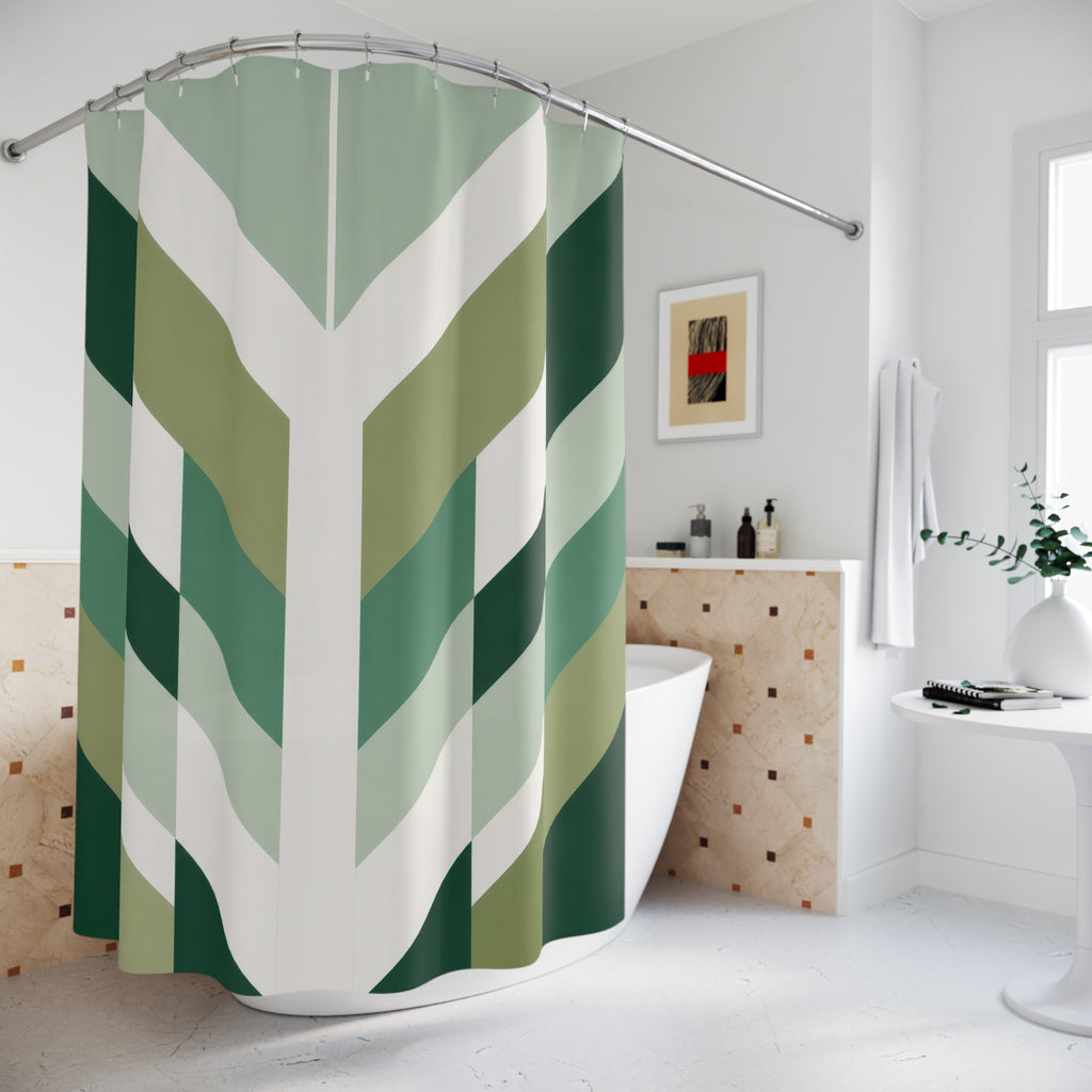 Green Stripe Shower Curtain, White Chevron Bath Decor, Sage Geometric Pattern, Modern Guest Bathroom Decor, Angled Green Style Decor