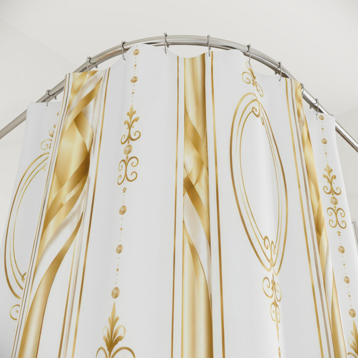 Gold Regency ribbons and vertical ornament on white shower curtain with close-up print, hooks, and folds