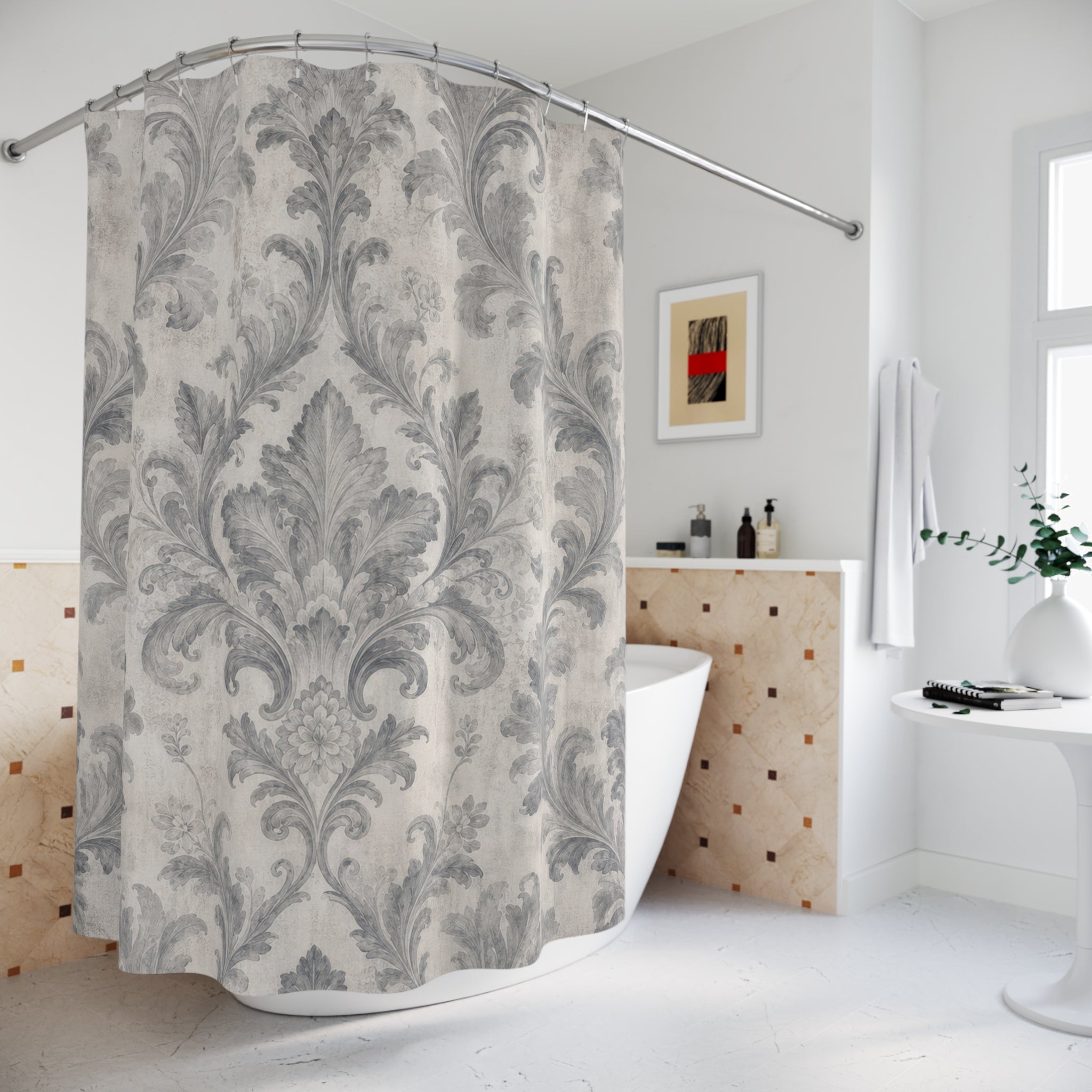 Gray Floral Scroll Shower Curtain