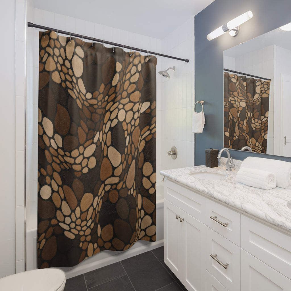 Mosaic Shower Curtain, Black Brown Stone Bath Decor, Cream Pebble Path Pattern, Organic Earth Tone Neutral Guest Bathroom Decor Style