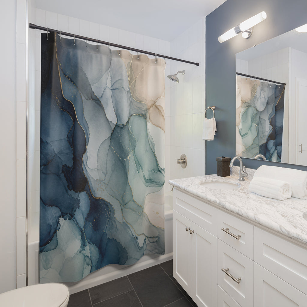 Navy Aqua Alcohol Ink Abstract Shower Curtain