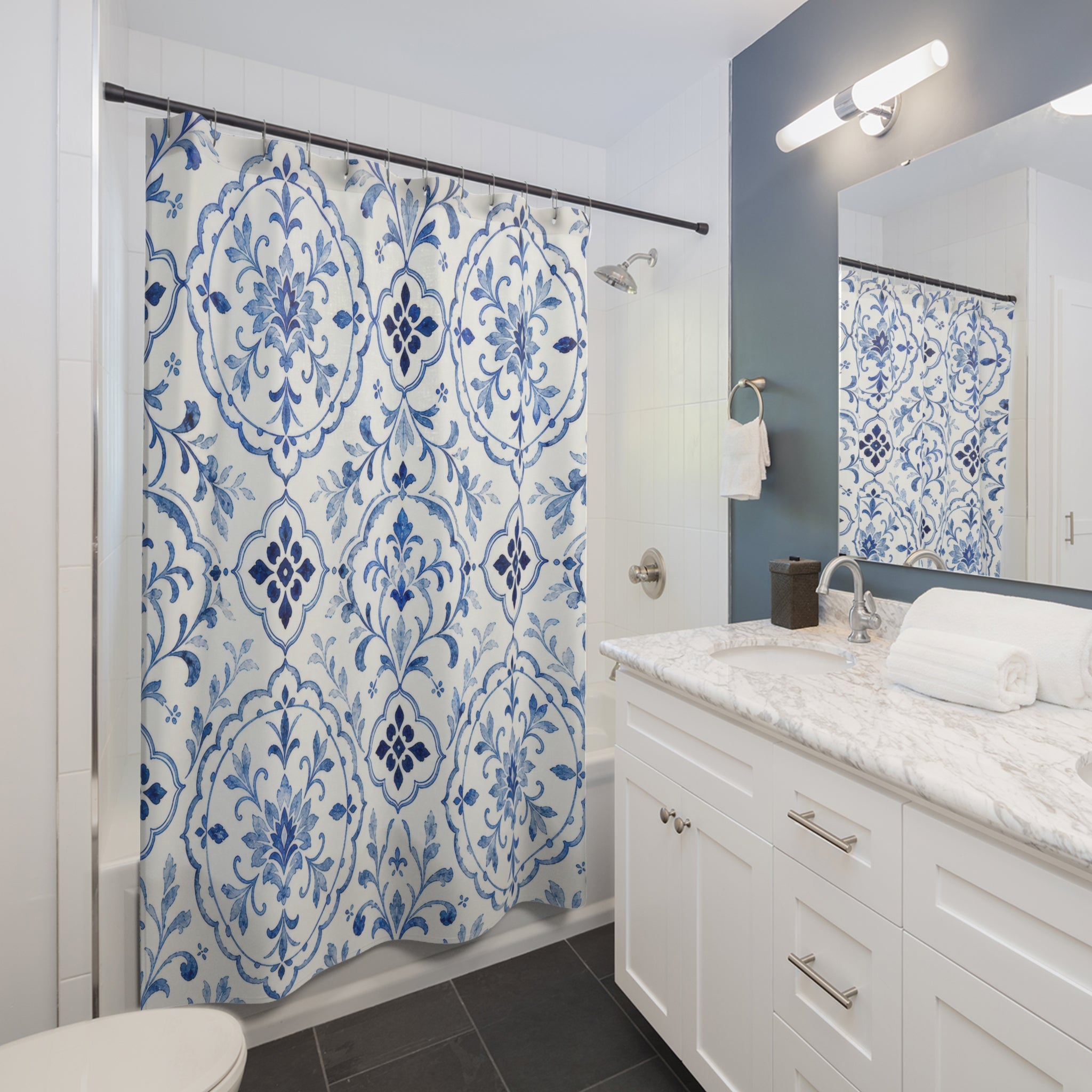 Blue Tile Floral Shower Curtain, Blue White Mediterranean Bath Decor, Tile Pattern Bath Curtain, Guest Bath Decor, Small Bathroom Decor