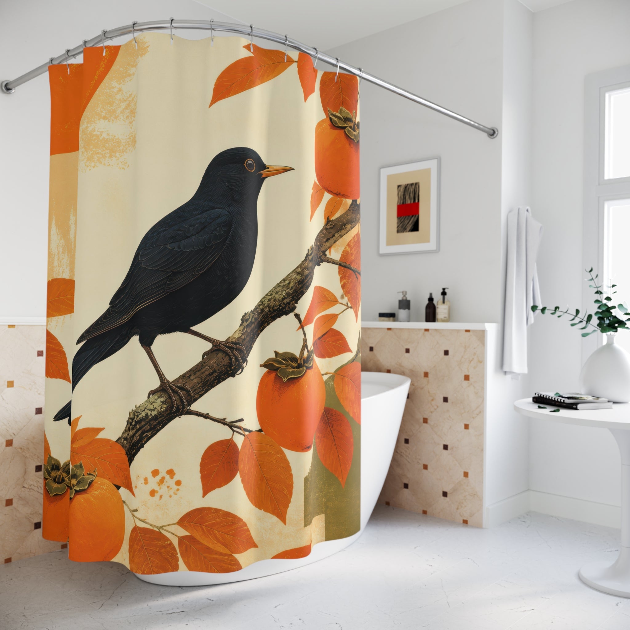 Blackbird perched among orange persimmons and autumn leaves shower curtain beside a freestanding tub