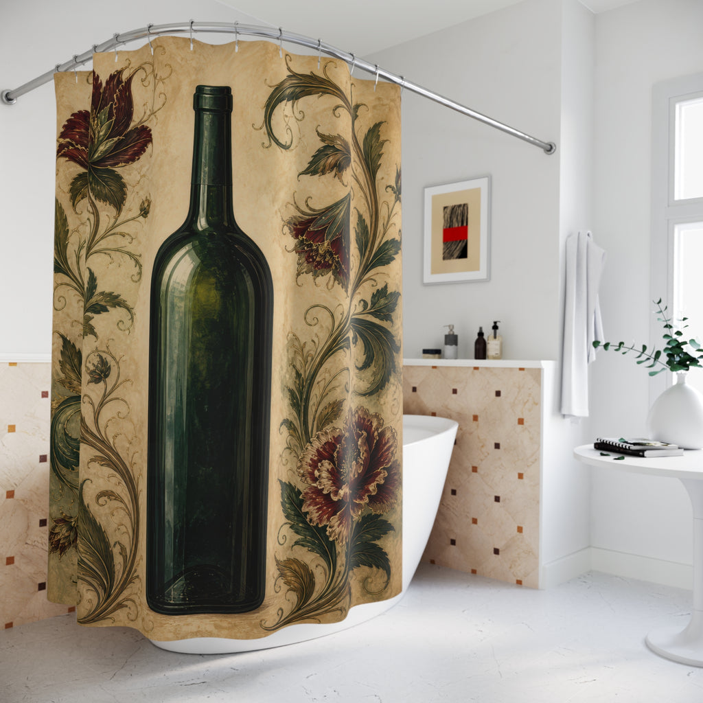 Green wine bottle framed by scrolling flowers and vines shower curtain beside a freestanding tub