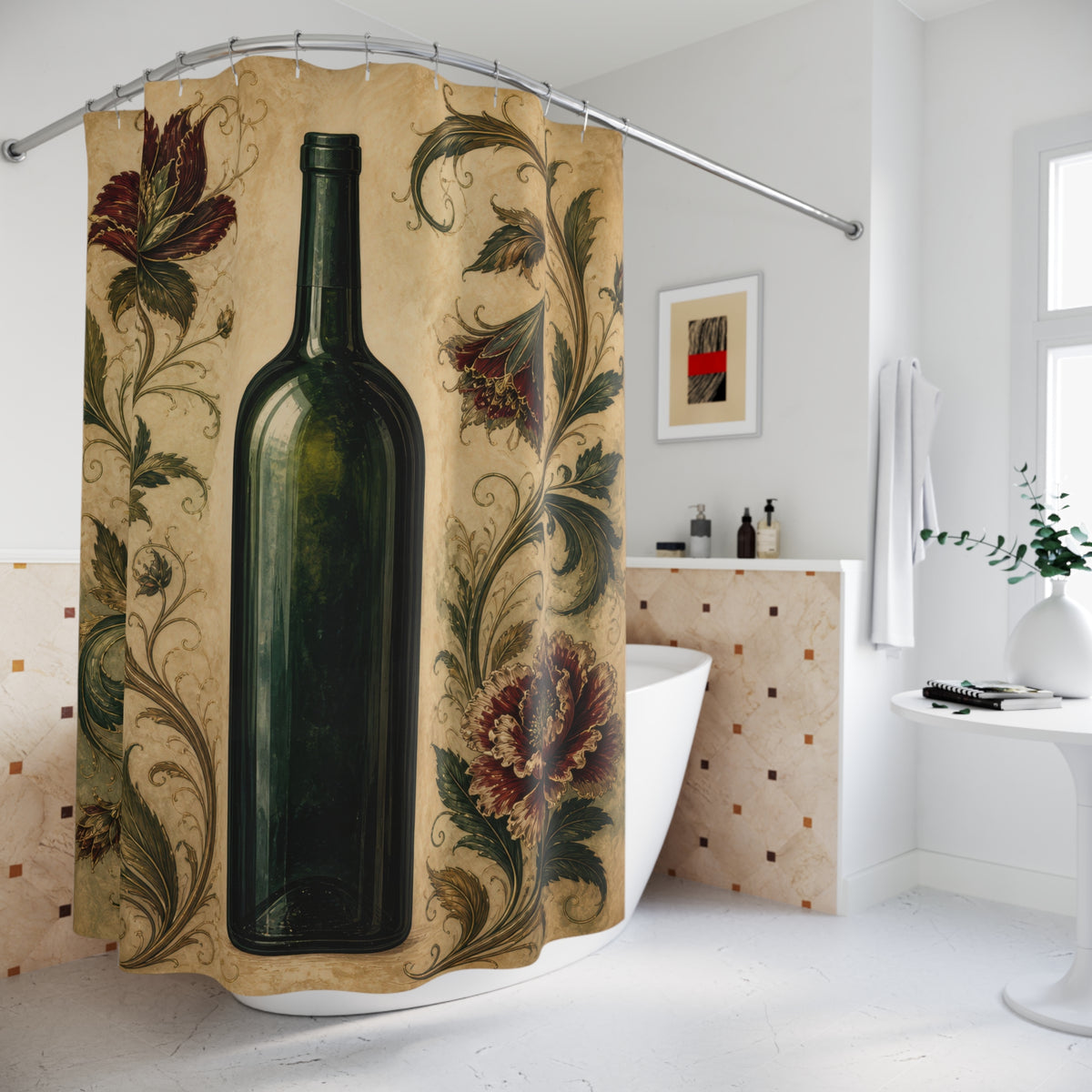 Green wine bottle framed by scrolling flowers and vines shower curtain beside a freestanding tub