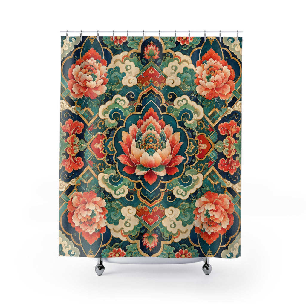 Korean Floral Shower Curtain: Teal Green Lotus Mandala