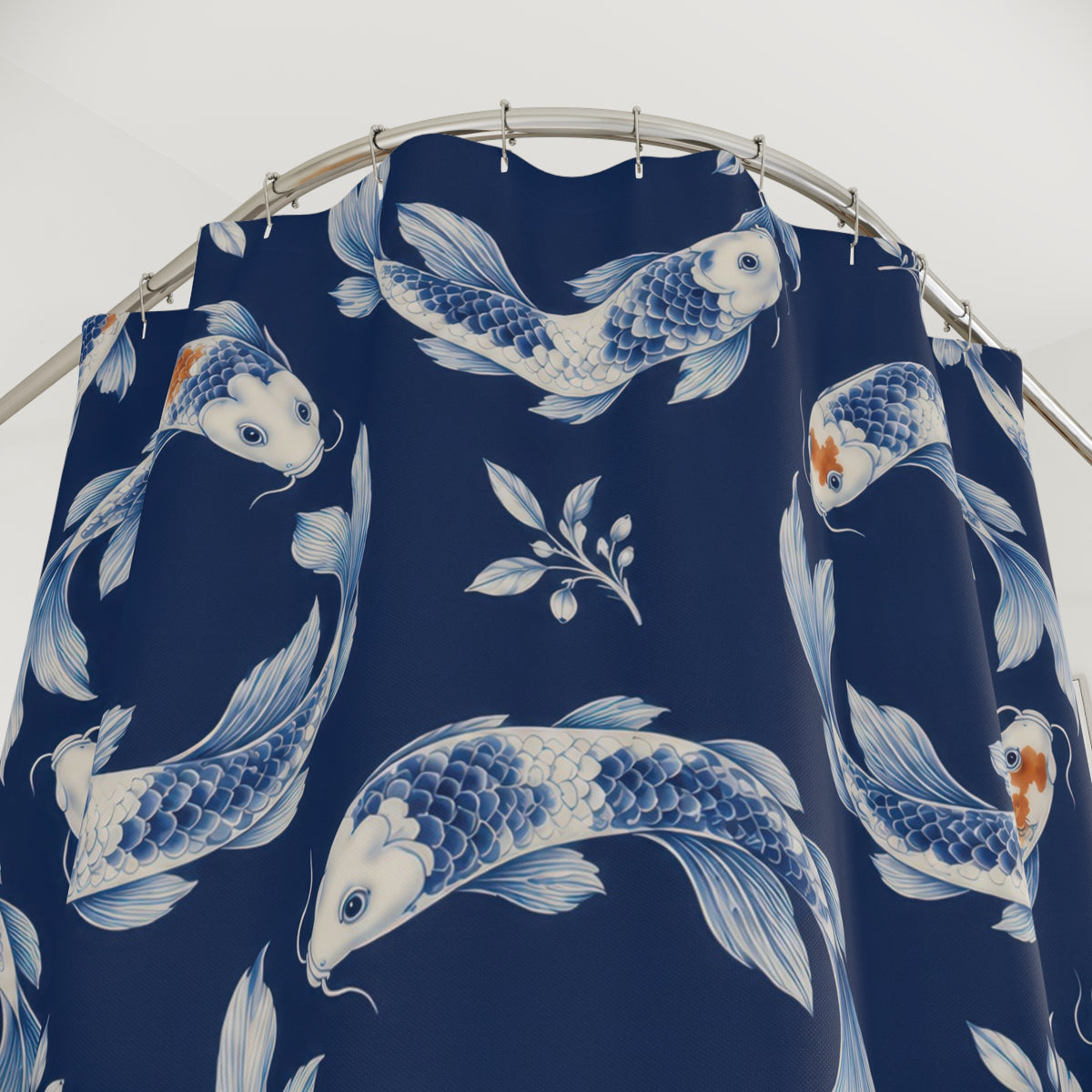 Ivory and blue Chinoiserie koi on indigo shower curtain with close-up print, hooks, and folds