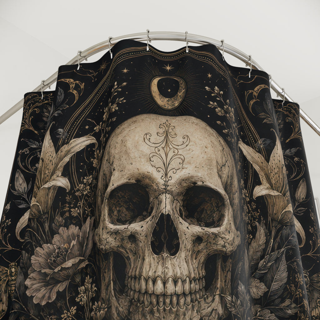 Gothic Skull Shower Curtain: Black Gold Floral Moon Moth