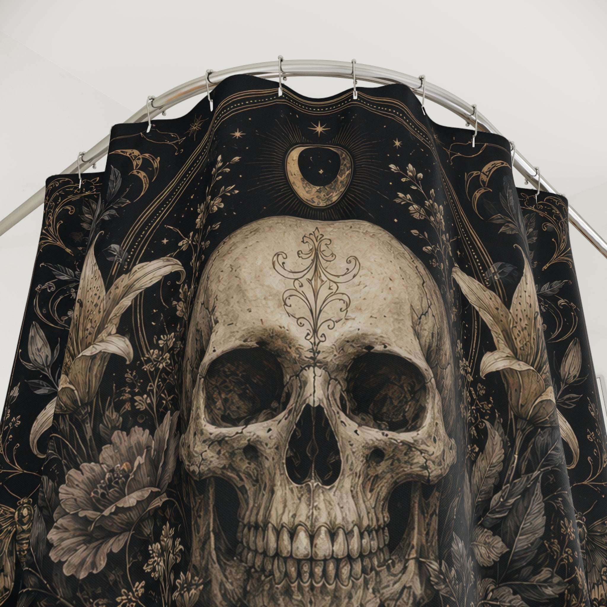 Gothic Skull Shower Curtain: Black Gold Floral Moon Moth