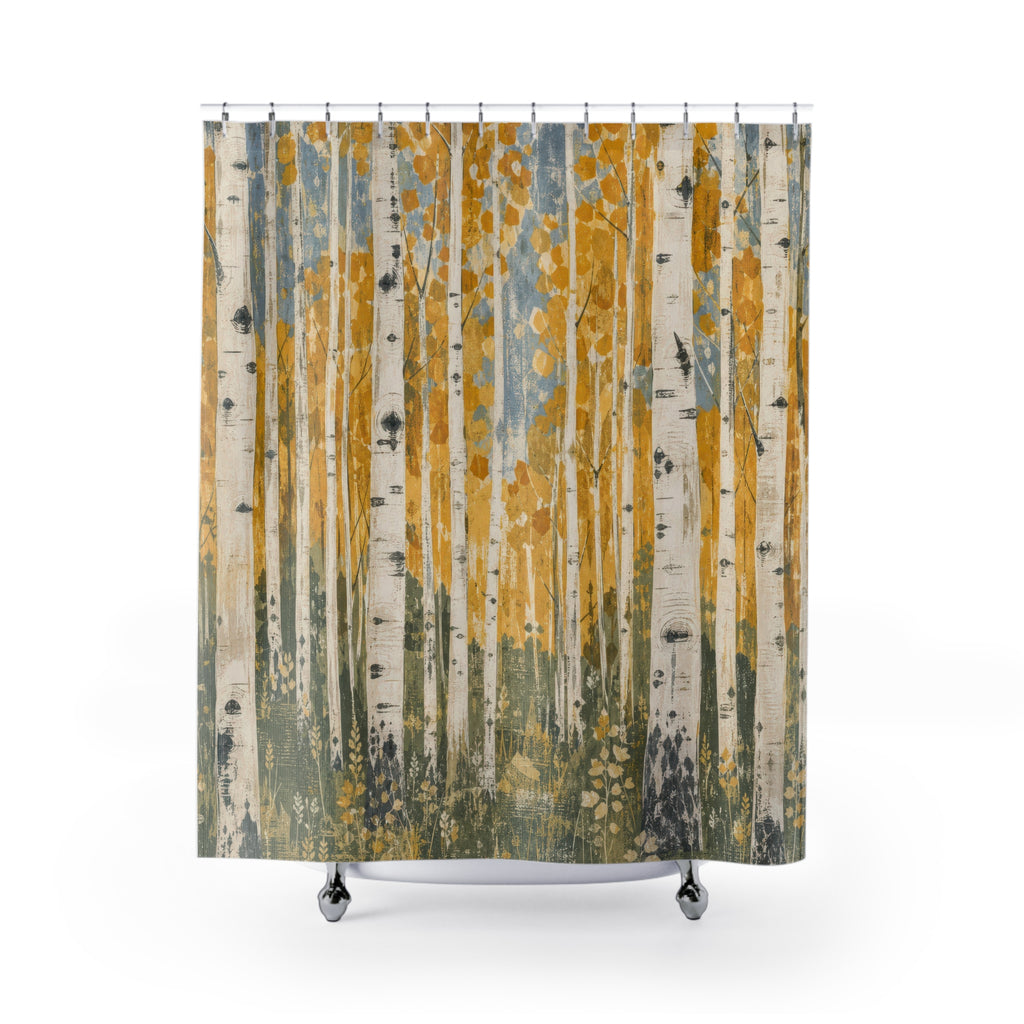 Painterly Aspen Shower Curtain, Golden Leaf Forest Bath Decor, Sage Green Tree Pattern, Rustic Nature Inspired Cabin Bathroom Decor