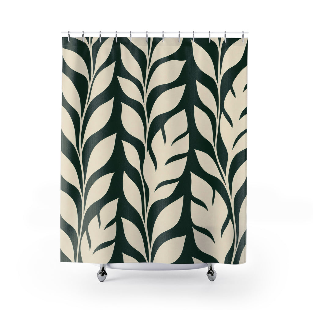 Leaf Shower Curtain, Dark Green Botanical Pattern, Cream Tropical Leaf Bath Decor, Modern Guest Bathroom Accent, Graphic Green Style