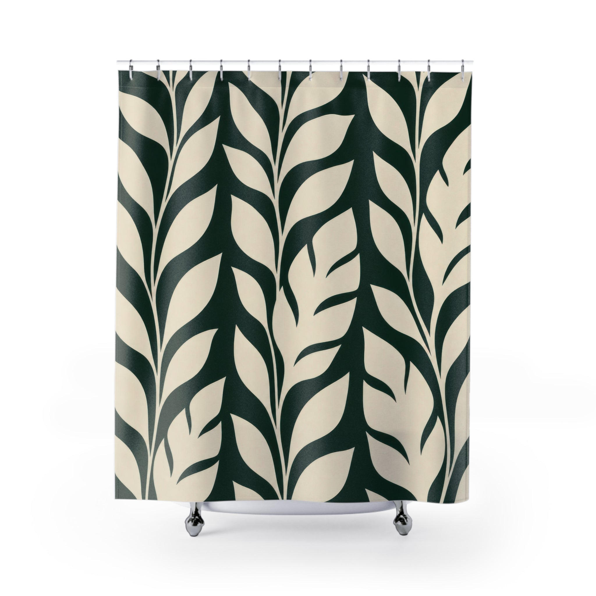 Leaf Shower Curtain, Dark Green Botanical Pattern, Cream Tropical Leaf Bath Decor, Modern Guest Bathroom Accent, Graphic Green Style