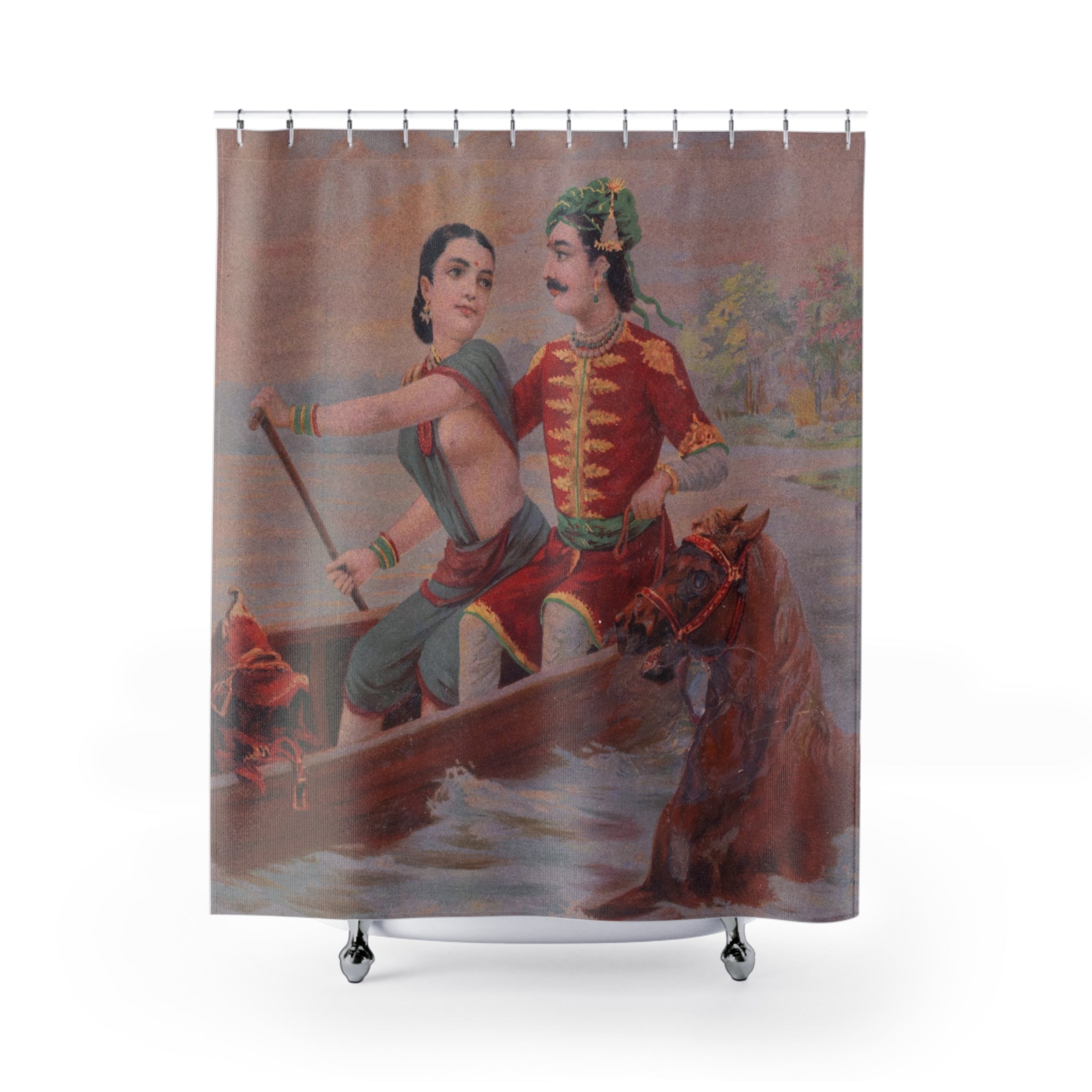 Indian Art Shower Curtain: Vintage River Scene