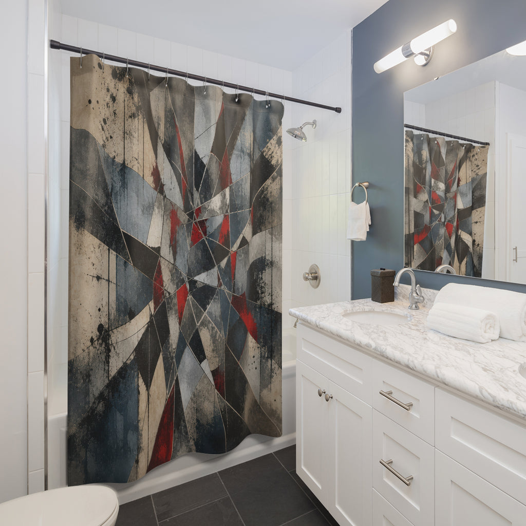 Geometric Shower Curtain, Black Gray Red Kaleidoscope Art, Abstract Modern Bathroom Decor, Sharp Graphic Bath Pattern, Dark Guest Bath