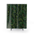 Green poppies and ochre lines on forest green shower curtain with full front view