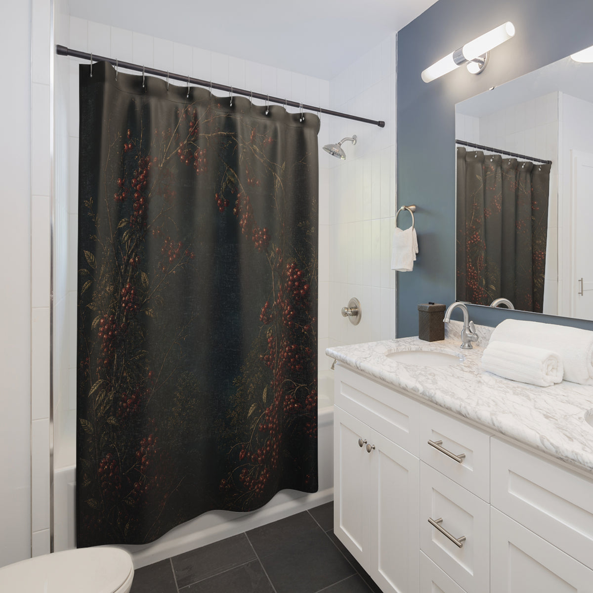 Dark garnet winter berry wreath shower curtain beside a white vanity