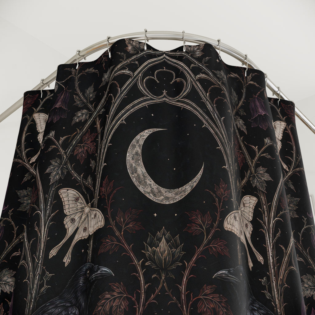 Gothic Floral Shower Curtain, Moonlit Raven Moth Garden