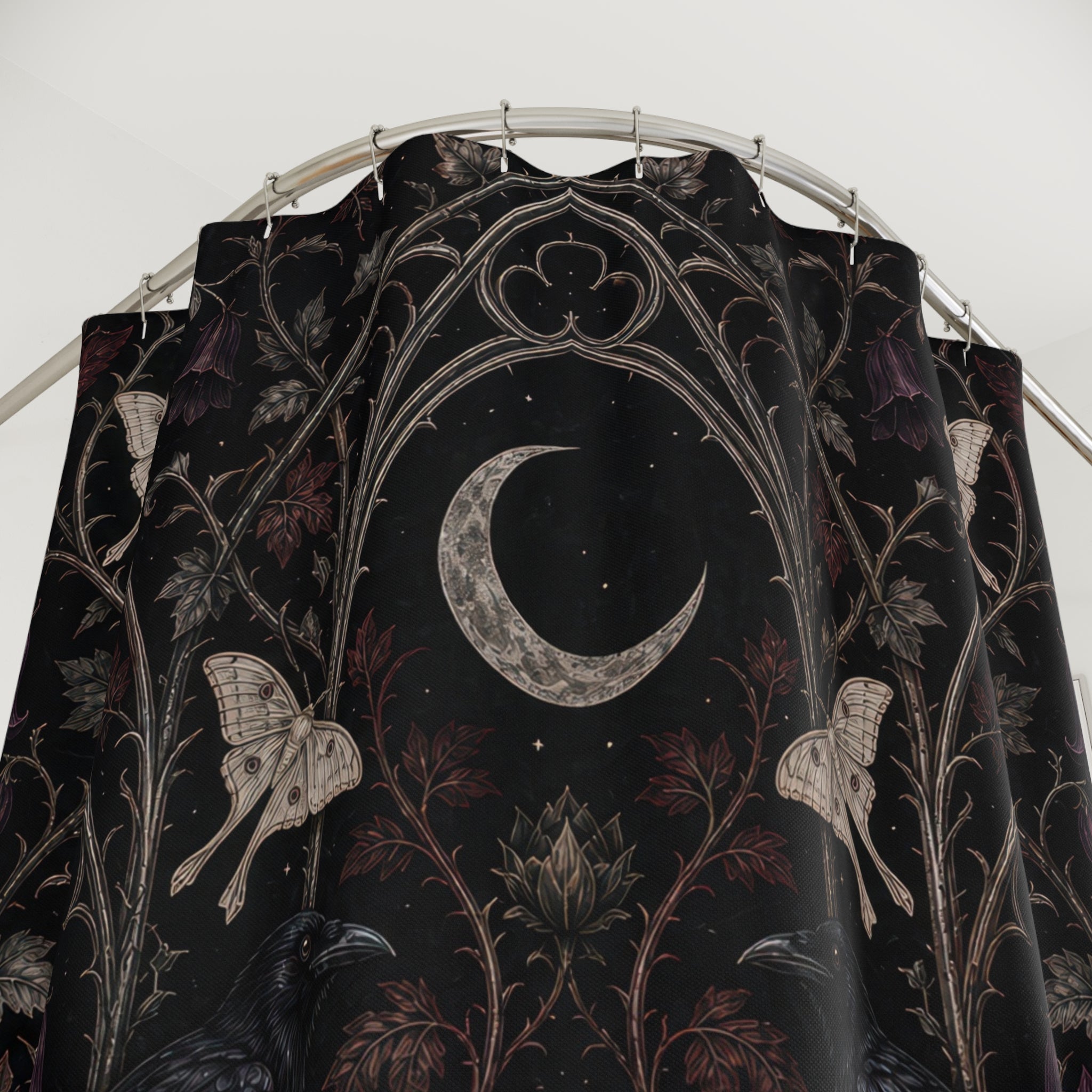 Gothic Floral Shower Curtain, Moonlit Raven Moth Garden