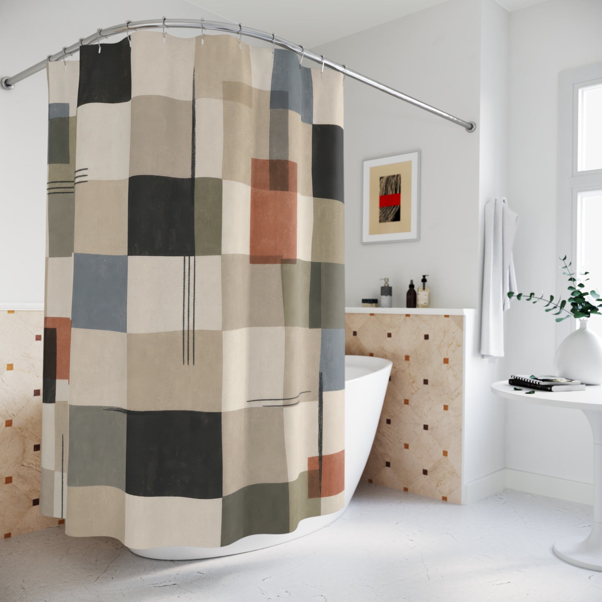 Modern Geometric Shower Curtain, Neutral Patchwork Grid Pattern, Blue Green Black Abstract Bathroom Decor, Minimal Art Bath Style, Calm