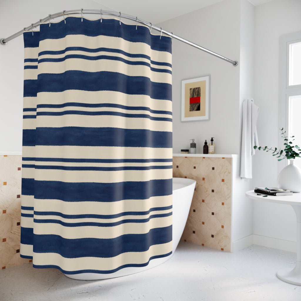 Navy Blue Cream Horizontal Stripe Shower Curtain