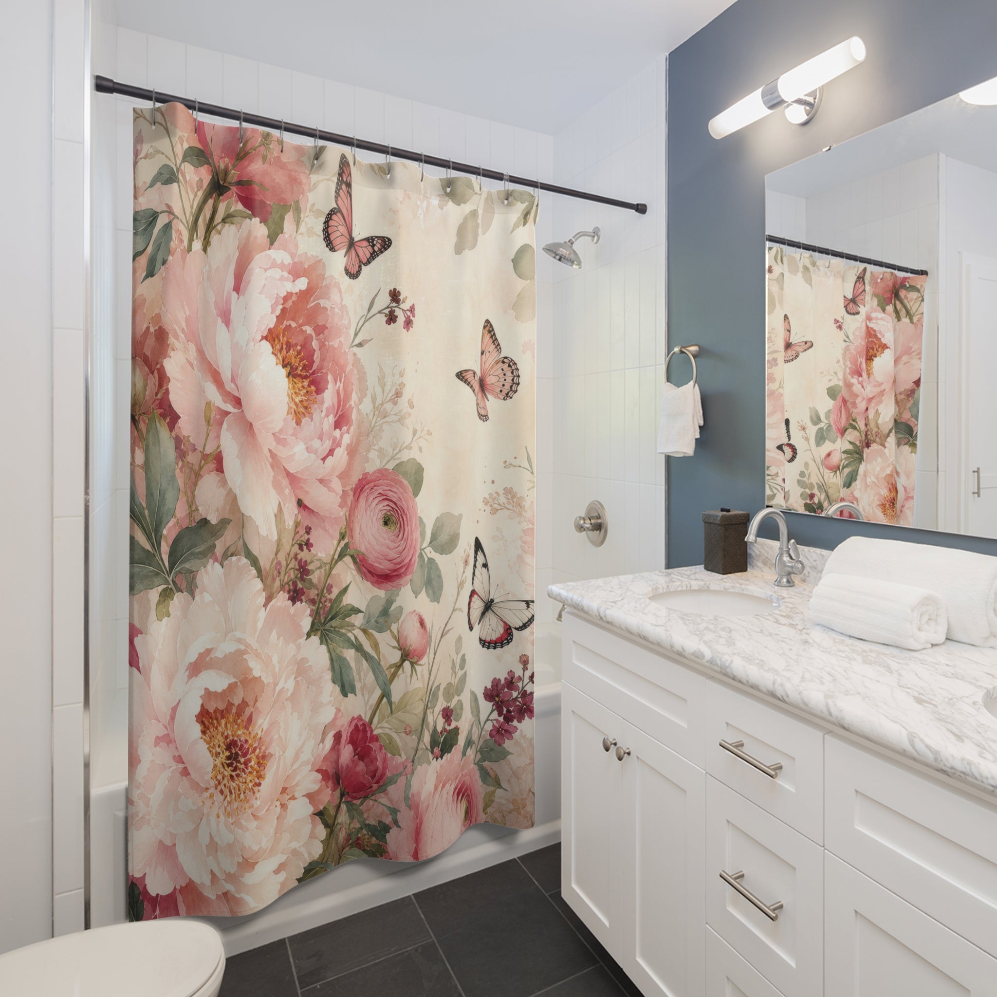 Pink Watercolor Peony Garden Shower Curtain